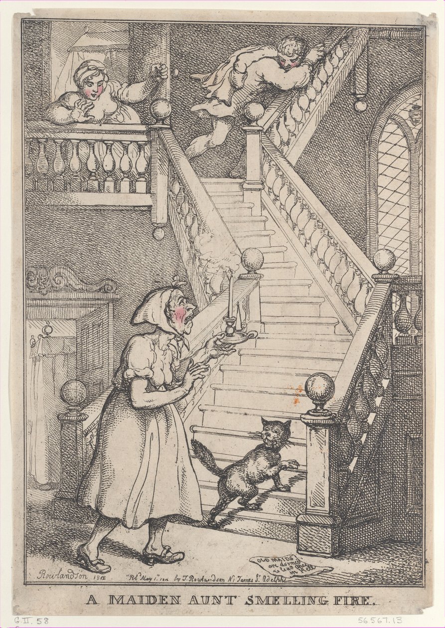 A Maiden Aunt Smelling Fire, [1 maja 1806], wznowione 1 maja..., [1 maja 1806], wznowione 1 maja 1812. autorstwa Thomas Rowlandson