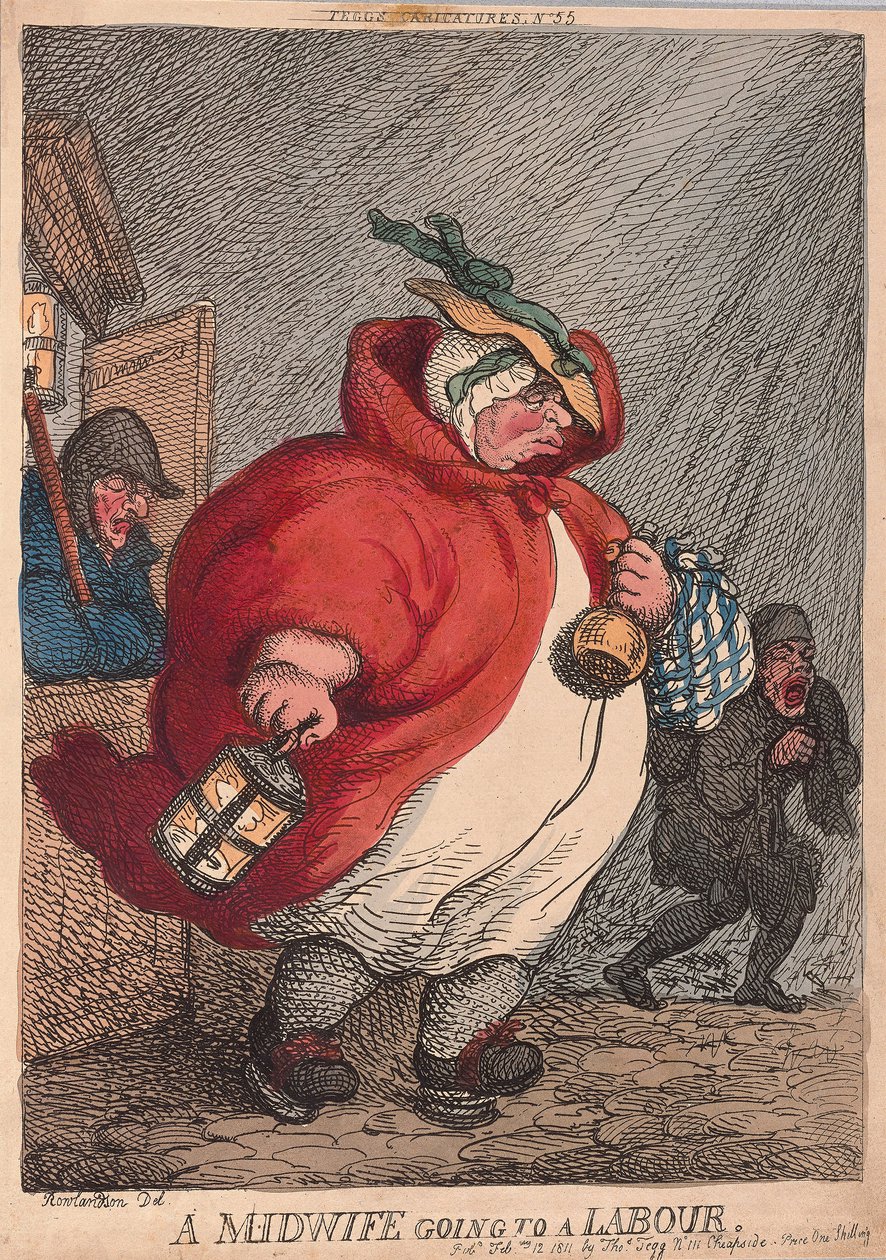 Położna idąca do pracy, pub. 1811 (ręcznie kolorowane grawerowanie) autorstwa Thomas Rowlandson