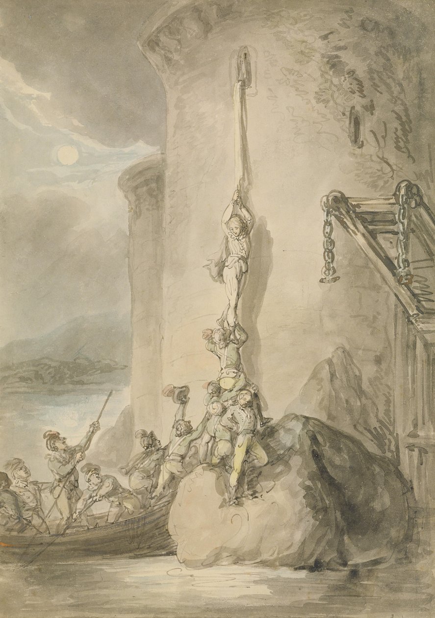 Wojskowa eskapada, ok. 1794 (pióro i tusz z akwarelą i rozmycie grafitu na papierze) autorstwa Thomas Rowlandson
