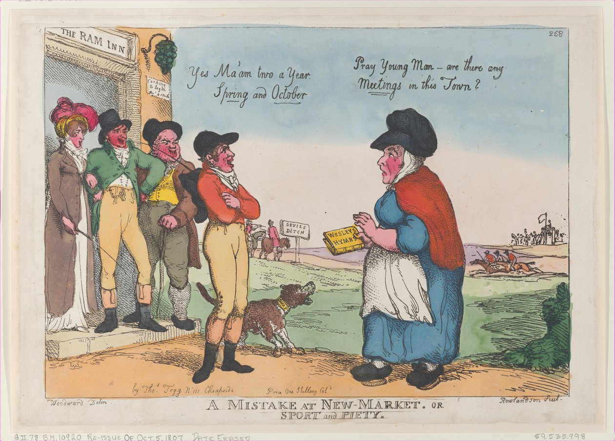 Błąd na nowym rynku, czyli sport i pobożność, 5 października 1807, 5 października 1807. autorstwa Thomas Rowlandson