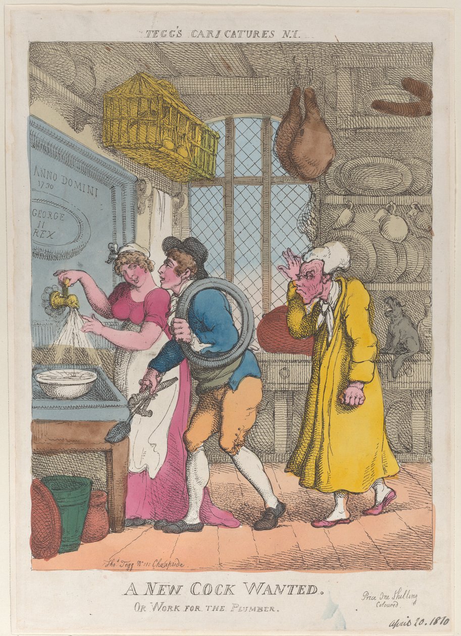 Poszukiwany nowy kogut, czyli praca dla hydraulika, 20 kwietnia 1810 r., 20 kwietnia 1810 r. autorstwa Thomas Rowlandson