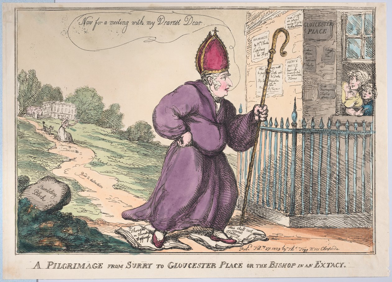 Pielgrzymka z Surry do Gloucester Place lub Bishop in a Extacy, 27 lutego 1809. autorstwa Thomas Rowlandson