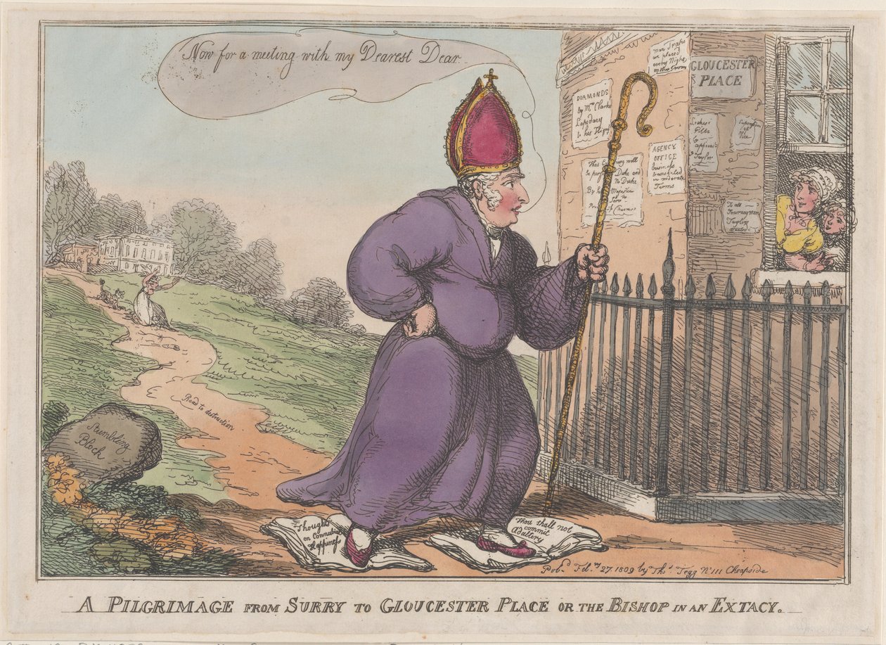Pielgrzymka z Surry do Gloucester Place lub Bishop in a Extacy, 27 lutego 1809. autorstwa Thomas Rowlandson