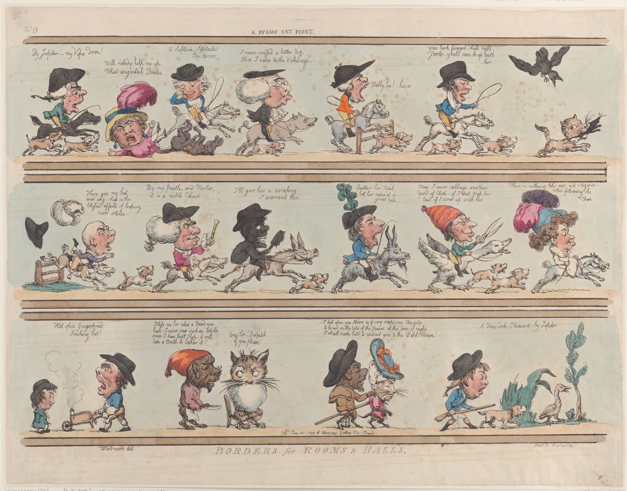 Polowanie na karłowatego kota, Granice dla pokoi i sal, tablica 9, 20 czerwca 1799., 20 czerwca 1799. autorstwa Thomas Rowlandson