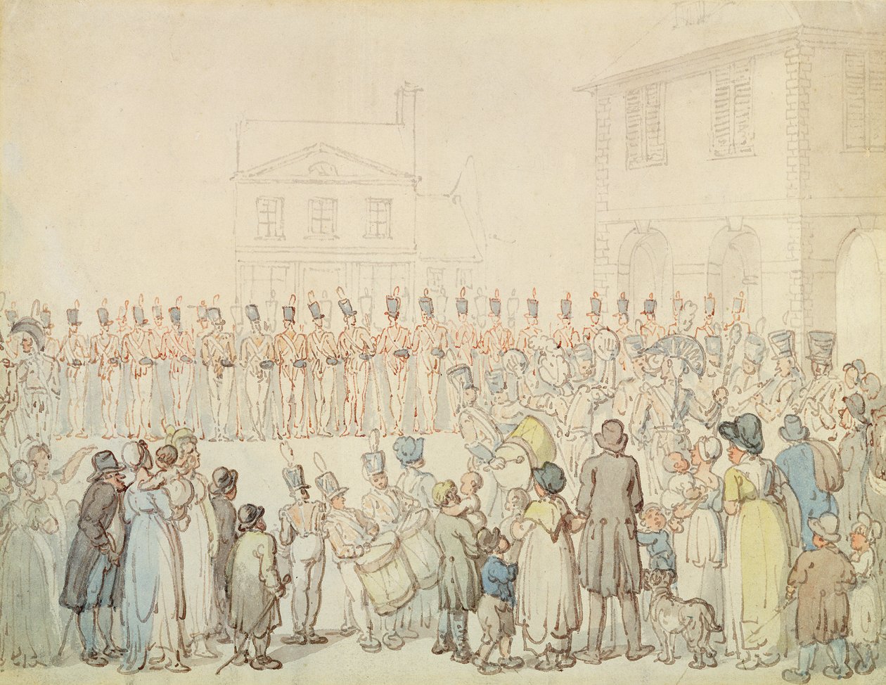 Przegląd milicji Northamptonshire w Brackley, Northants (pióro i atrament z akwarelą na papierze) autorstwa Thomas Rowlandson