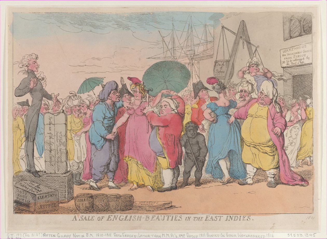 Sprzedaż angielskich piękności w Indiach Wschodnich, [10 maja 1811], przedruk, [10 maja 1811], przedruk. autorstwa Thomas Rowlandson