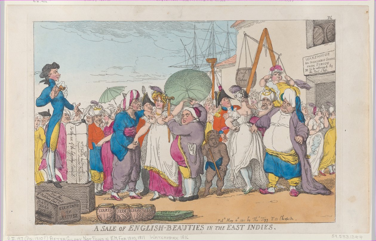 Sprzedaż angielskich piękności w Indiach Wschodnich, [10 maja 1811], przedruk, [10 maja 1811], przedruk. autorstwa Thomas Rowlandson