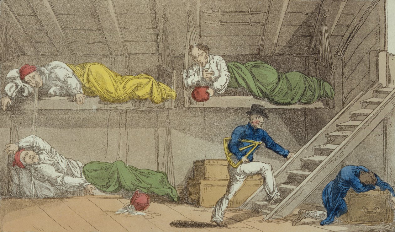 Scena na kanale z Wielkiego Mistrza czy Przygody Qui Hi? w hindostanie. A Hudibras Poem in Eight Cantos by Quiz, William Combe (1741-1823), opublikowany przez Thomasa Tegga, Londyn, 1815 (aqua autorstwa Thomas Rowlandson