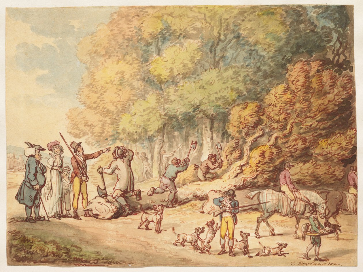 Myśliwy z rodziną instruujący drwali, jak pociąć ścięte drzewo autorstwa Thomas Rowlandson