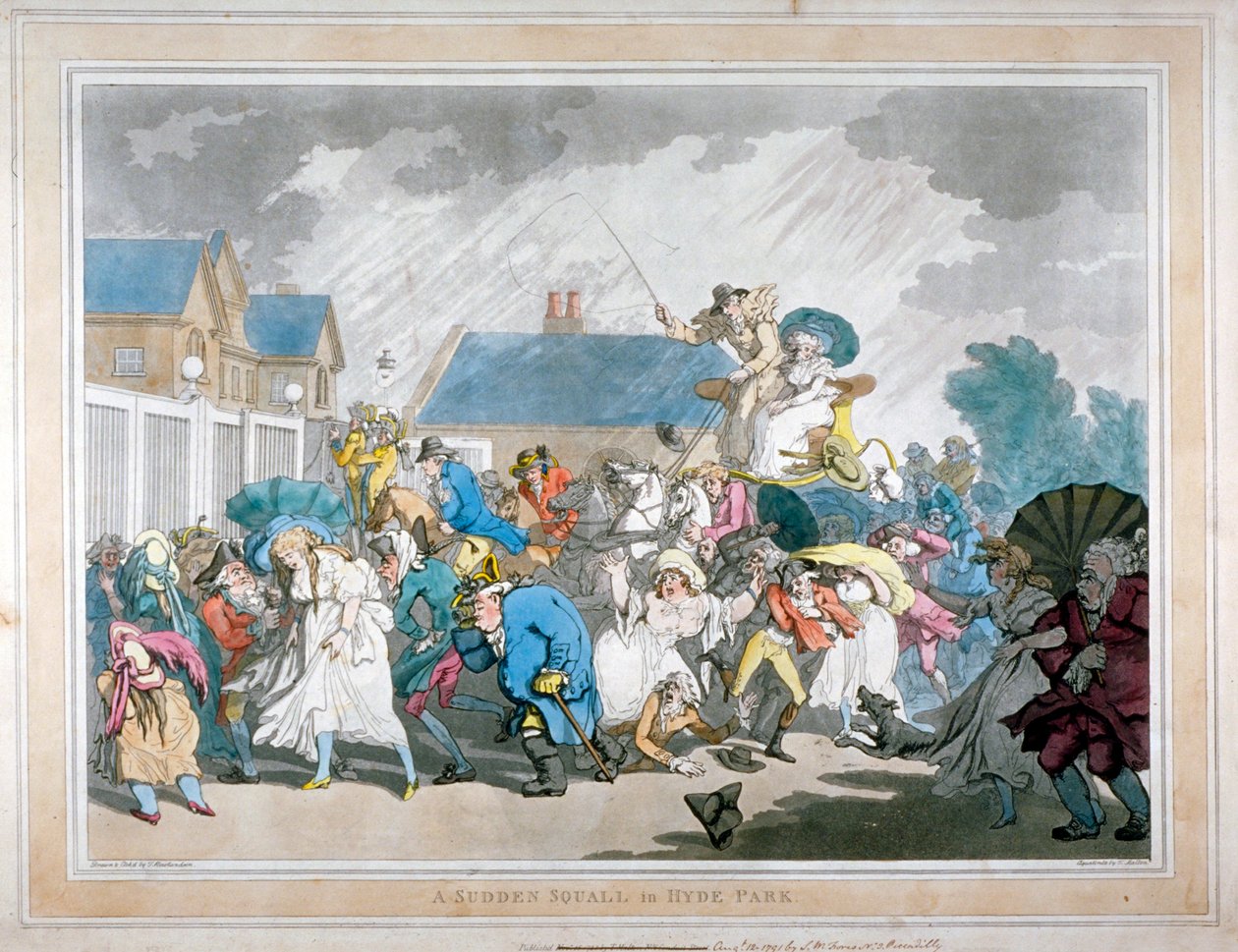 „Nagły szkwał w Hyde Parku”, Londyn, 1791 autorstwa Thomas Rowlandson