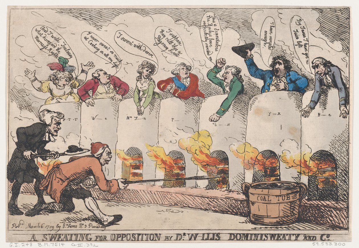 A Sweating for Opposition dr W-llis Dominisweaty and Co., 6 marca 1789, 6 marca 1789. autorstwa Thomas Rowlandson