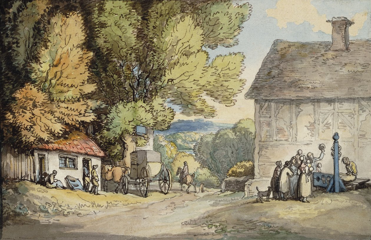 Wioska zieleń: kareta zatrzymana pod drzewem z mężczyzną w dybach i grupą gapiów, autorstwa Thomas Rowlandson