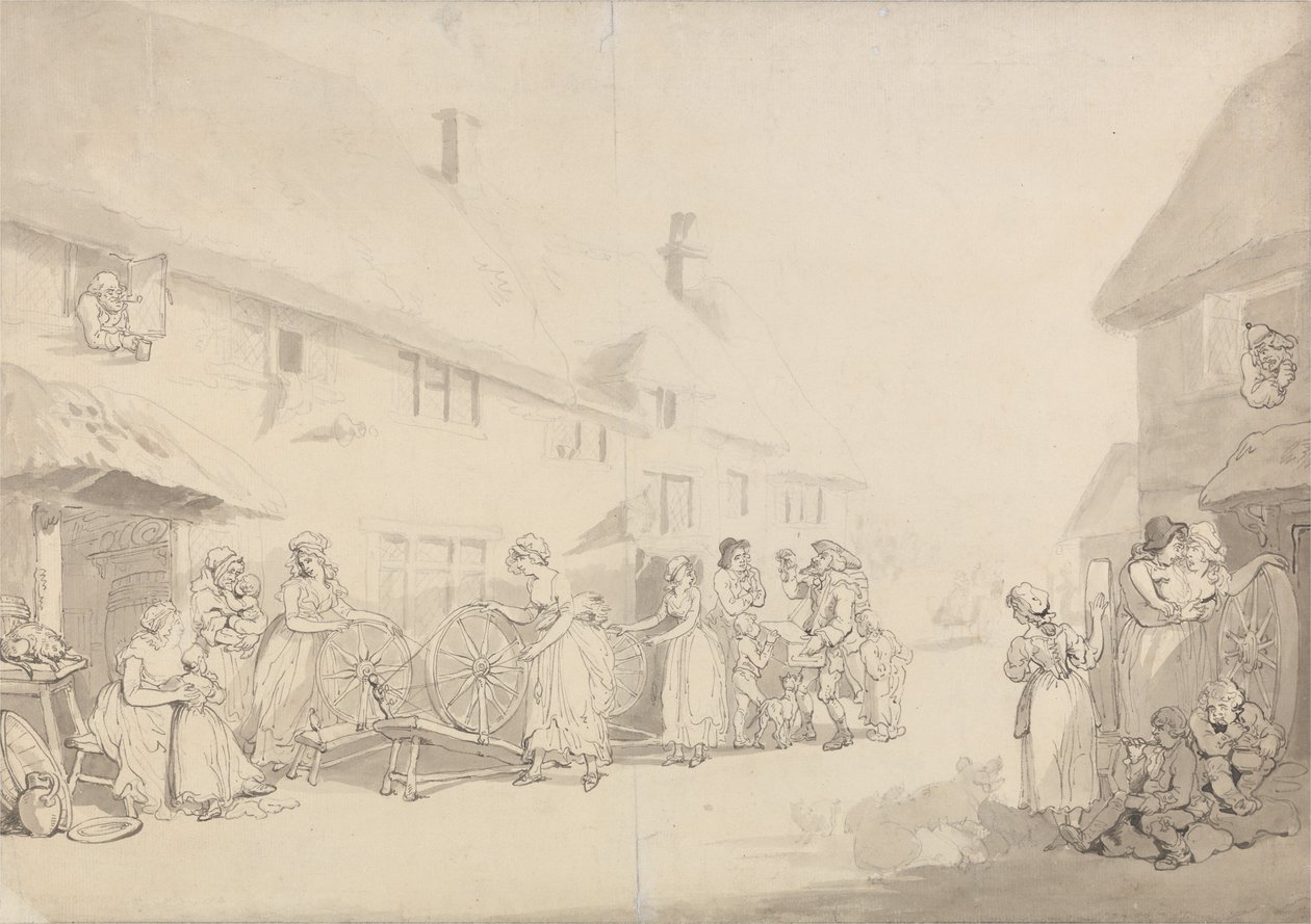 Scena wiejska z dziewczynami przy kołowrotkach autorstwa Thomas Rowlandson