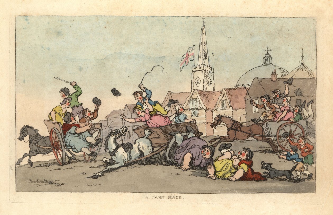 Wyścigi gokartami w angielskim miasteczku z wypadkiem na pierwszym planie autorstwa Thomas Rowlandson