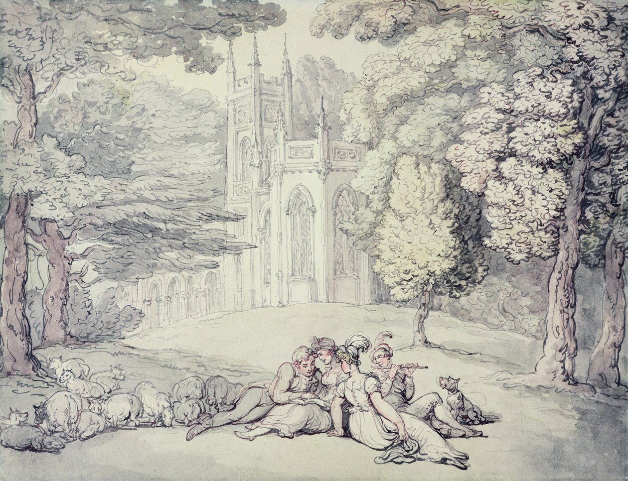 College green z grupą dziewcząt i młodych dżentelmenów na pierwszym planie, ok. 1810-15 (pióro i atrament oraz akwarela na ołówku na papierze) autorstwa Thomas Rowlandson