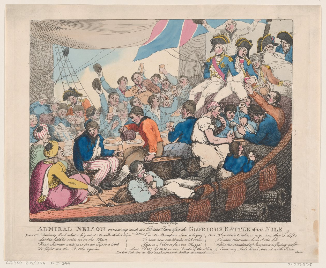 Admirał Nelson Recreating ze swoim Dzielnym Smołem po chwalebnej bitwie..., 20 października 1798. autorstwa Thomas Rowlandson