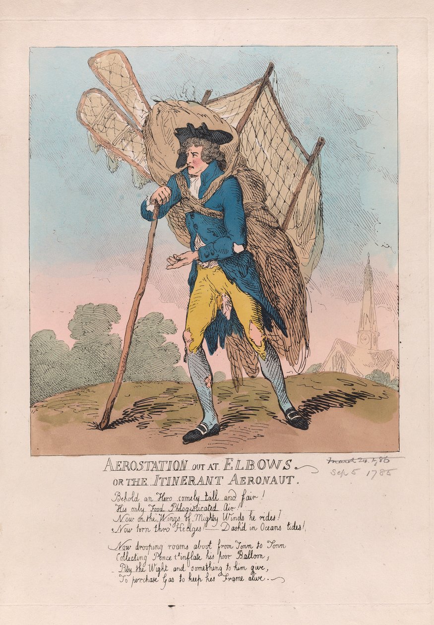 Aerostation out at Elbows lub Wędrujący Aeronauta, wyd. 1785 (grawerowanie ręcznie kolorowane) autorstwa Thomas Rowlandson