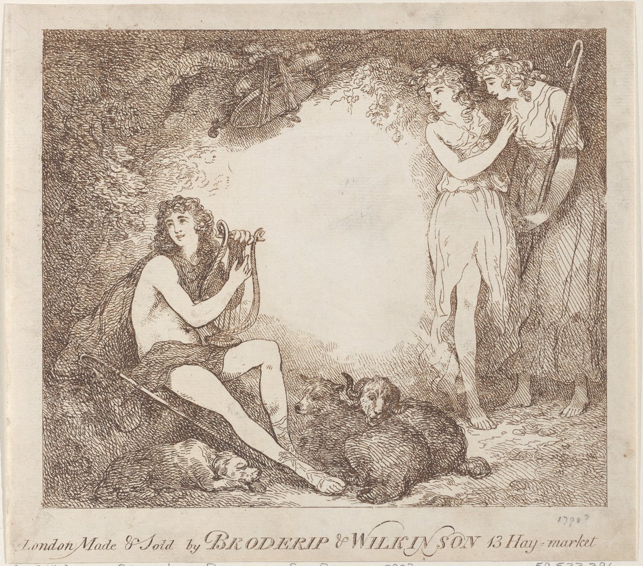 Karta handlowa Apollo, Lyra i Daphne ilustrująca operę Marian, 1797-99., 1797-99. autorstwa Thomas Rowlandson