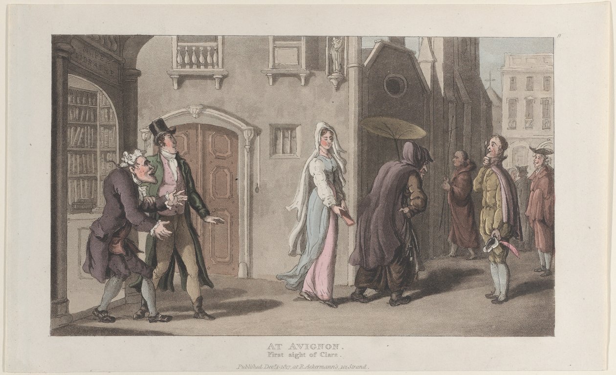 W Awinionie, First Sight of Clara, z Journal of Sentimental Travels in the ..., 1 grudnia 1817. autorstwa Thomas Rowlandson