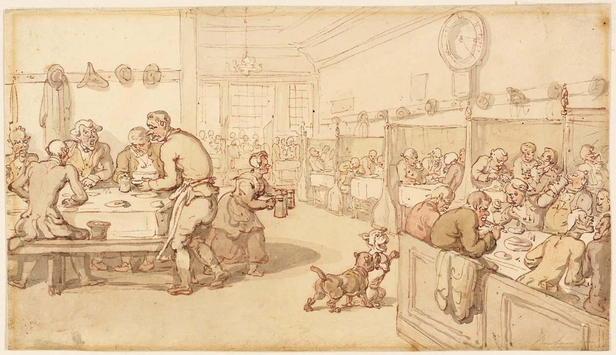 W staroangielskiej jadłodajni (pióro i czerwony tusz z pędzlem i akwarelą na graficie, na kremowym papierze) autorstwa Thomas Rowlandson