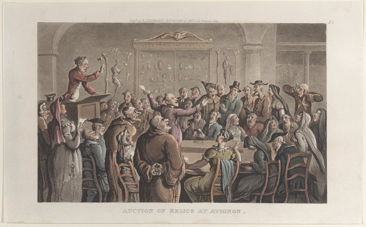Aukcja relikwii w Awinionie, z Journal of Sentimental Travels in the Southern Provinc..., 1821. autorstwa Thomas Rowlandson
