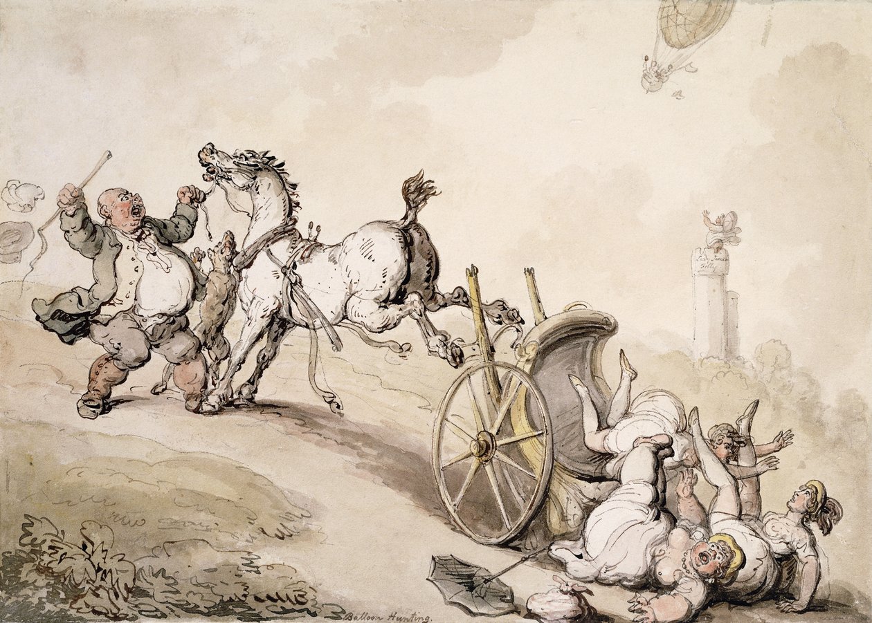 Polowanie na balony w pobliżu Szaleństwa Lady James, autorstwa Thomas Rowlandson