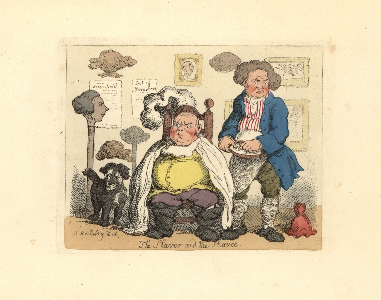 Fryzjer i klient w zakładzie fryzjerskim ozdobionym perukami. autorstwa Thomas Rowlandson