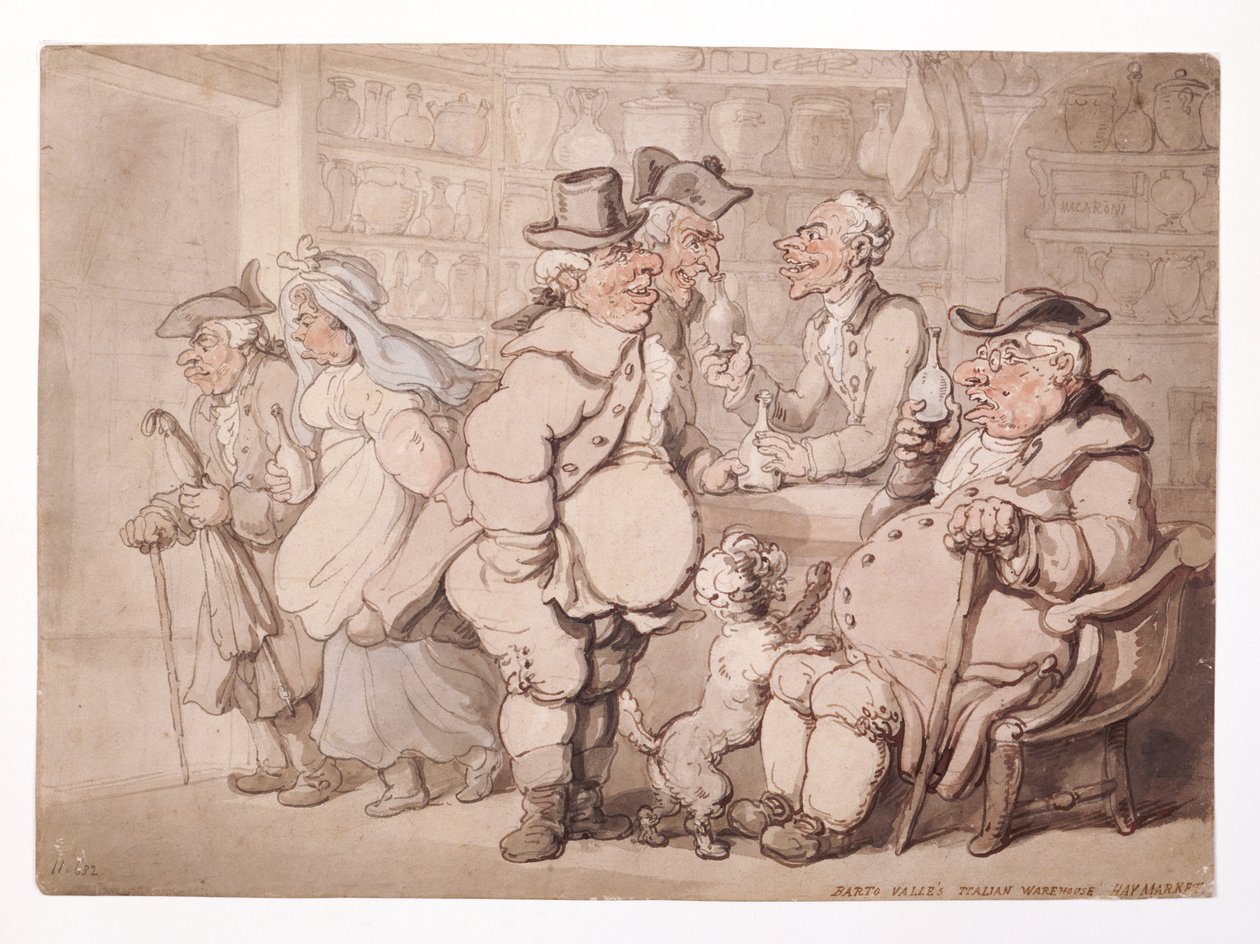 „Włoski magazyn-Haymarket Barto Valle”, City of Westminster, Londyn, przed 1827 r. autorstwa Thomas Rowlandson
