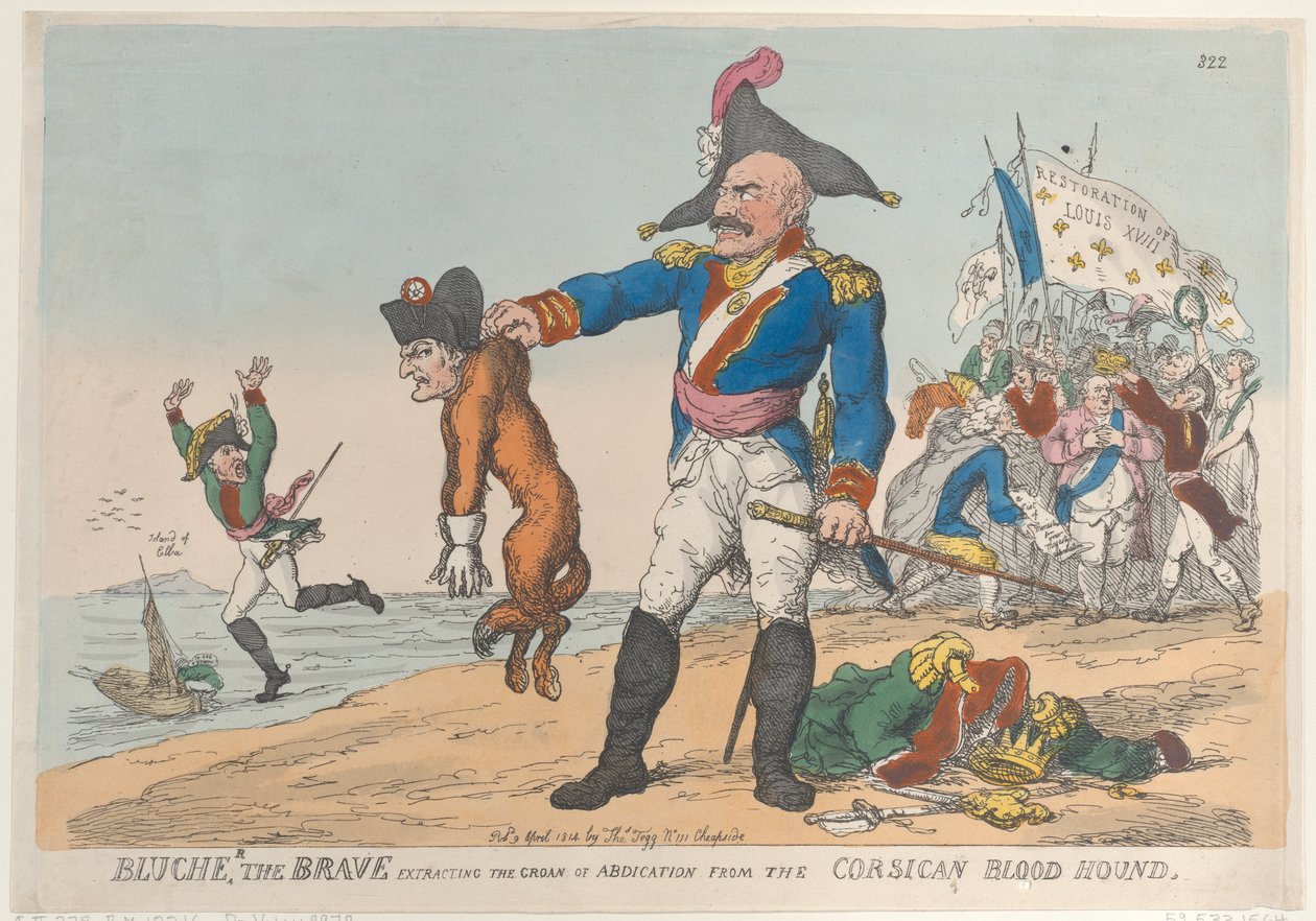 Odważny Blucher wydobywający jęk abdykacji z korsykańskiego ogara krwi..., 9 kwietnia 1814 r. autorstwa Thomas Rowlandson