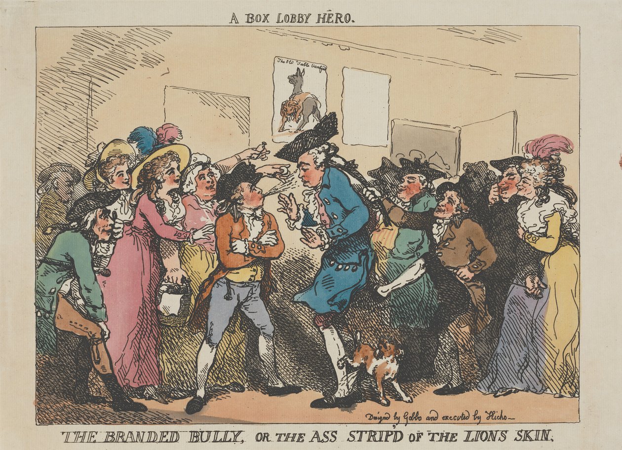 „Bohater z lobby”, „Znany łobuz” albo „Osioł pozbawiony lwiej skóry” autorstwa Thomas Rowlandson