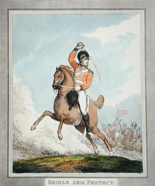 Ochraniacz na uzdę, z „Hungarian and Highland Broadsword”, opublikowany 1798 (akwatinta) autorstwa Thomas Rowlandson
