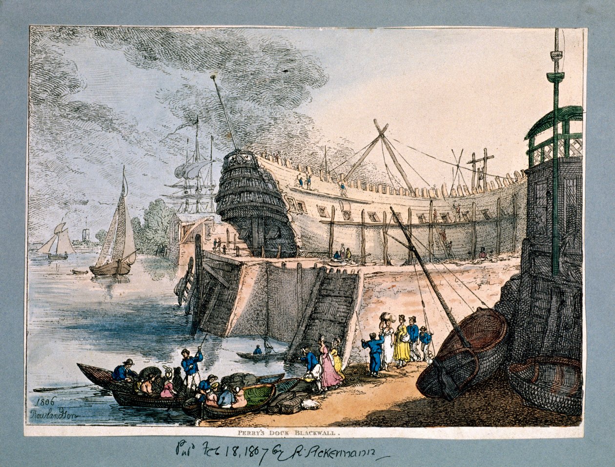 Brunswick Dock, Blackwall, Londyn, 1806 autorstwa Thomas Rowlandson