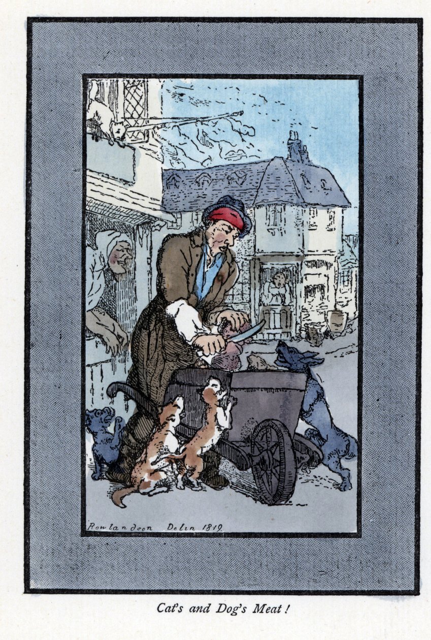 Wędrowny rzeźnik krojący kawałek mięsa powiedział, że psy i koty atakują koło jego taczki. Drzeworyt według obrazu Thomasa Rowlandsona (1756-1827), opublikowany w The Cris of London: z sześciorgiem uroczych dzieci i prawie 40 ilustratorami autorstwa Thomas Rowlandson