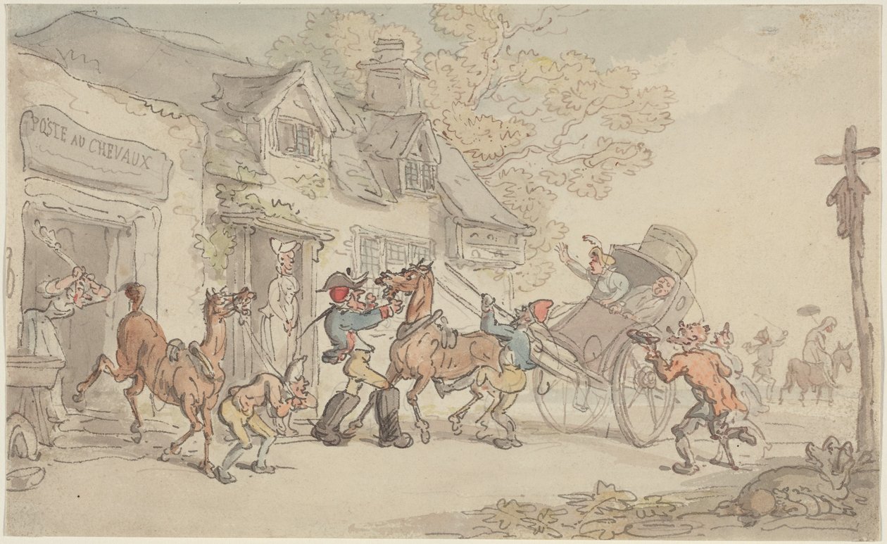 Zmiana koni w zajazdzie we Francji autorstwa Thomas Rowlandson