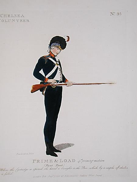 Chelsea Volunteer, tablica 35 z „Loyal Volunteers of London and Environs”, wydana 1798 (kolor lito) autorstwa Thomas Rowlandson