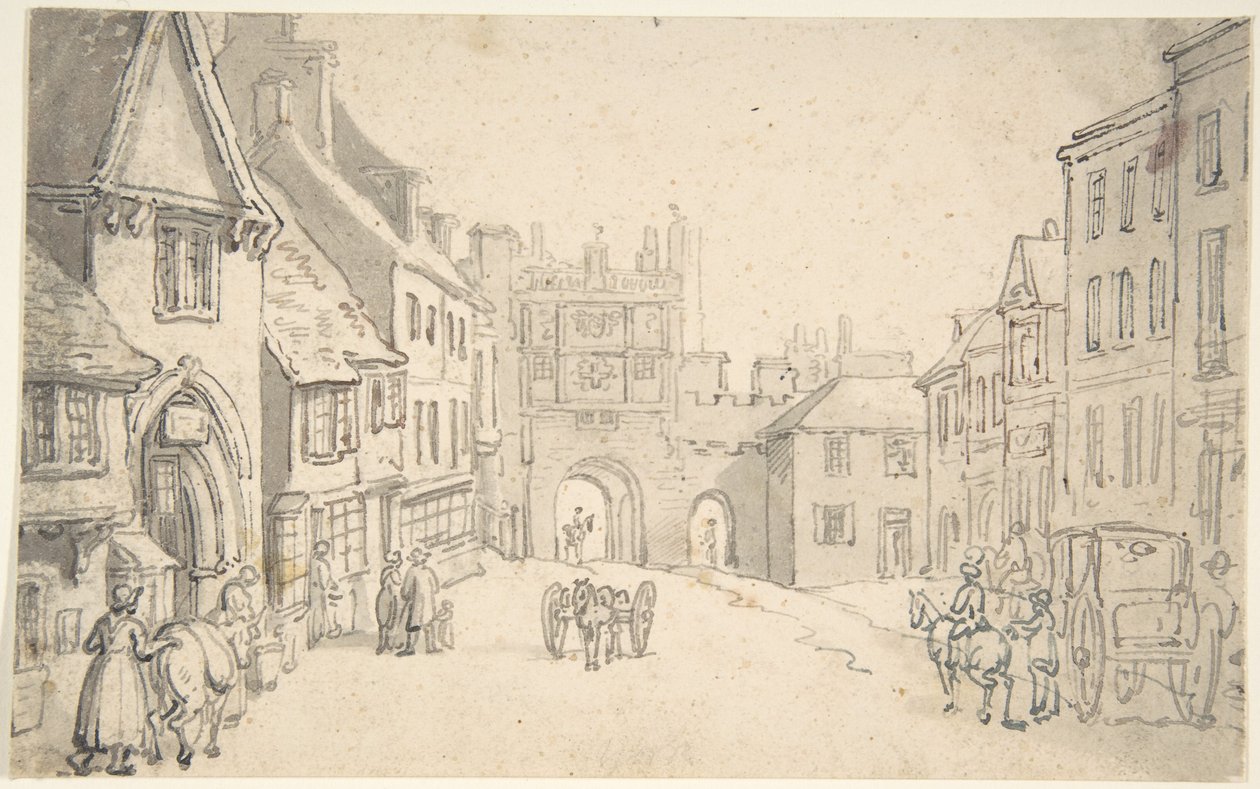 Widok miasta ze średniowieczną bramą (być może York) autorstwa Thomas Rowlandson
