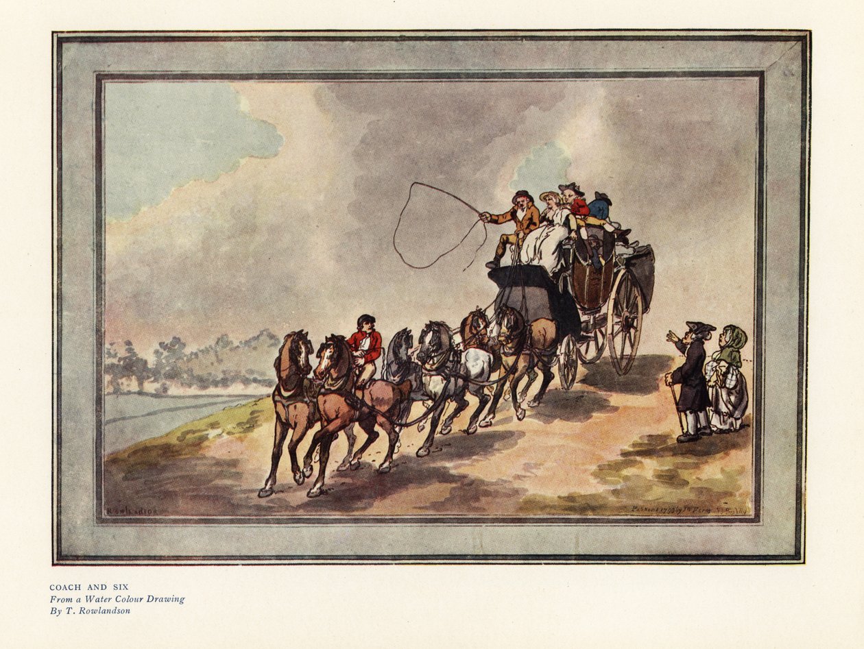 Autokar i sześć koni z pasażerami i bagażami na dachu autorstwa Thomas Rowlandson