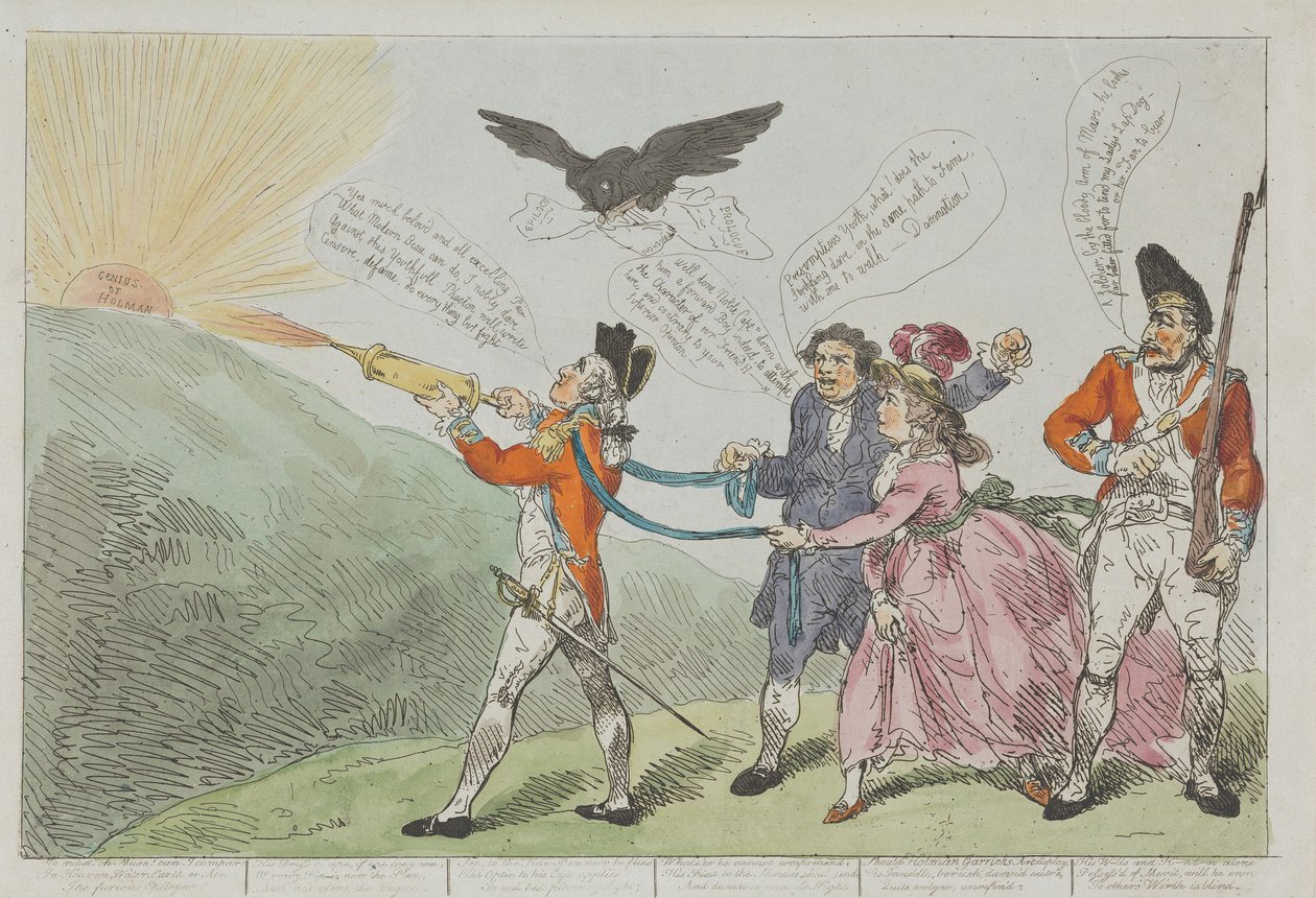 Pułkownik Topham próbuje za pomocą swojego strumienia wody ugasić geniusz Holmana autorstwa Thomas Rowlandson