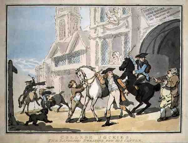 „College Jockies, The Landlord Pocenie się dla swojego bydła”, wyd. przez E. Jacksona autorstwa Thomas Rowlandson