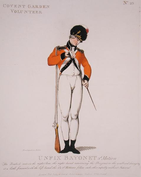 Covent Garden Volunteer, tablica 23 z „Loyal Volunteers of London and Environs”, opublikowana 1798 (kolor lito) autorstwa Thomas Rowlandson