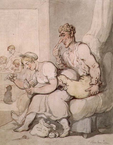Cerowanie skarpety (pióro i tusz, akwarela) autorstwa Thomas Rowlandson