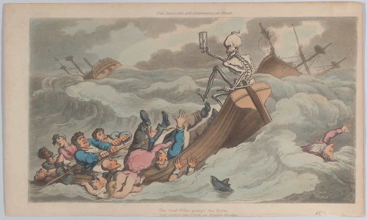 Death Turned Pilot z Angielskiego tańca śmierci, tom. II, pl. 9, 1 czerwca 1815., 1 czerwca 1815. autorstwa Thomas Rowlandson