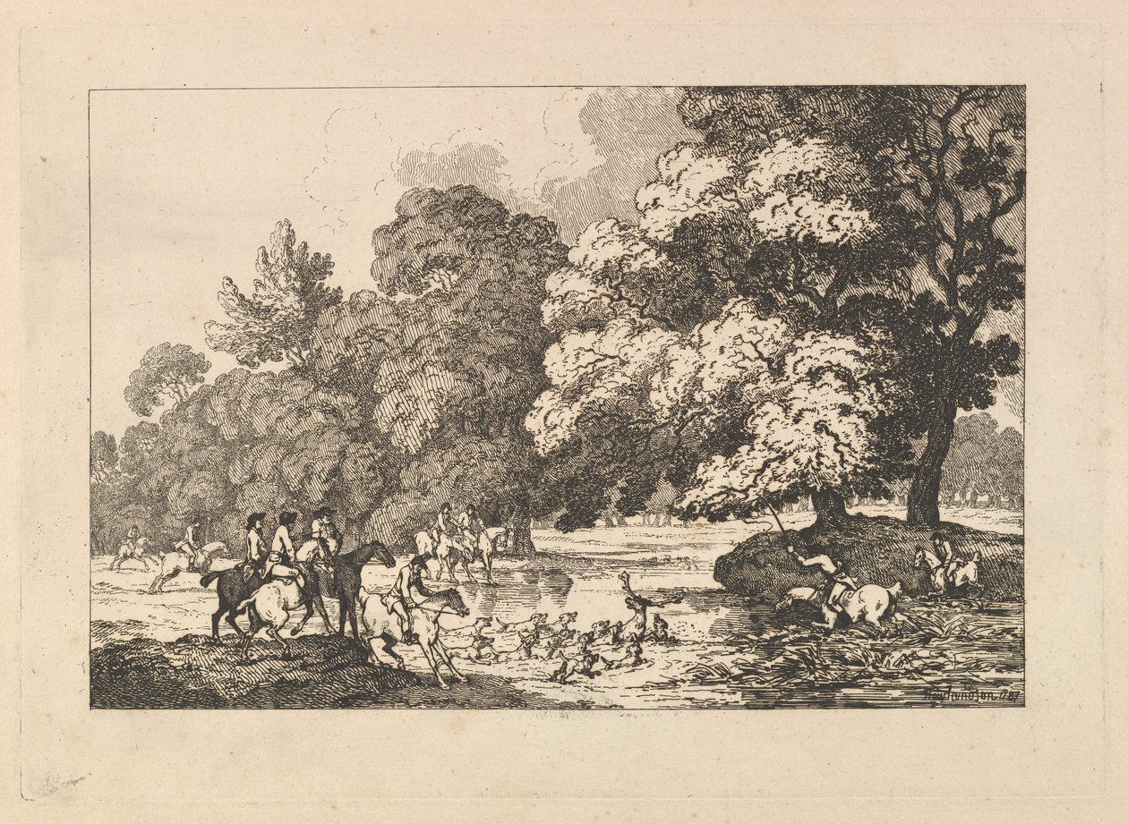 Polowanie na jelenie – pejzaż przedstawiający jelenia i psy myśliwskie nad rzeką autorstwa Thomas Rowlandson