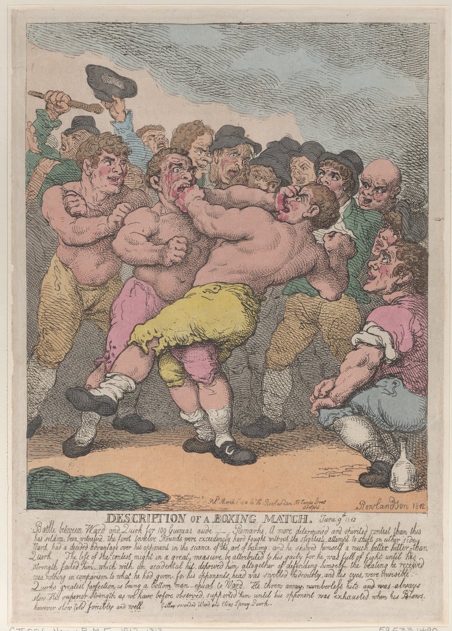 Opis meczu bokserskiego pomiędzy Wardem a Quirkiem za 100 gwinei na stronę, Marc..., 1 marca 1812. autorstwa Thomas Rowlandson
