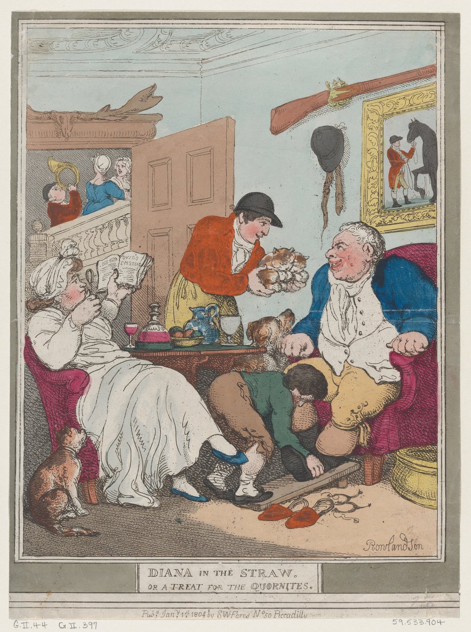 Diana w słomie, czyli smakołyk dla Quornites, 1 stycznia 1804, 1 stycznia 1804. autorstwa Thomas Rowlandson