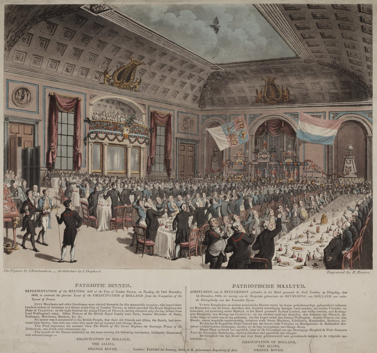 Kolacja z okazji wyzwolenia Holandii z Francji, City of London Tavern, Bishopsgate, 1814 (akwatinta) autorstwa Thomas Rowlandson