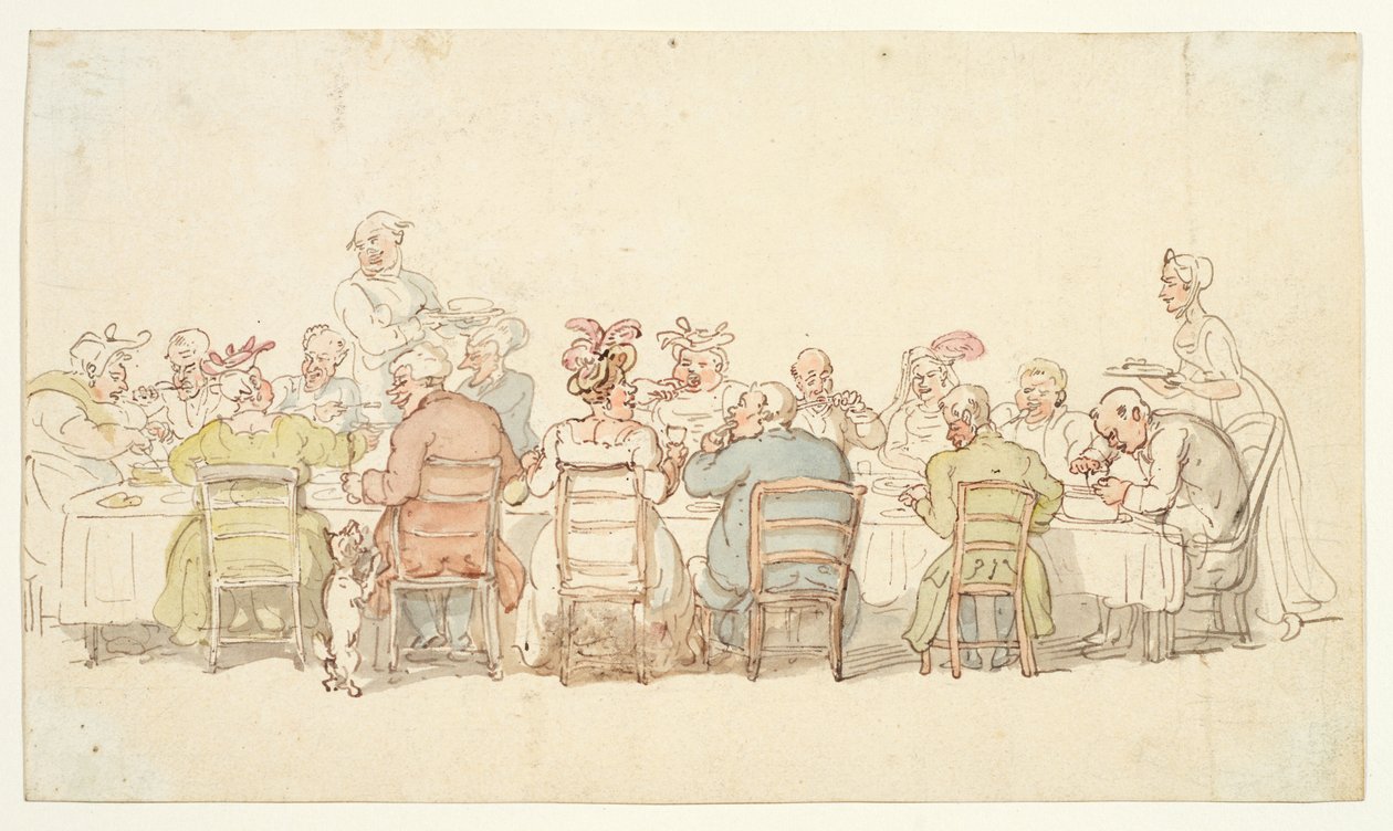 Przyjęcie, XIX w. (grafit, długopis i brązowy tusz, akwarela na tkanym papierze) autorstwa Thomas Rowlandson