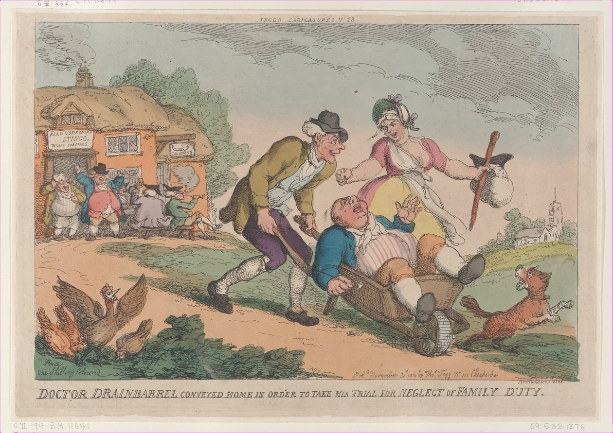 Doktor Drainbarrel przeniósł się do domu, aby wziąć udział w procesie za zaniedbanie Fa..., 30 listopada 1810 r. autorstwa Thomas Rowlandson