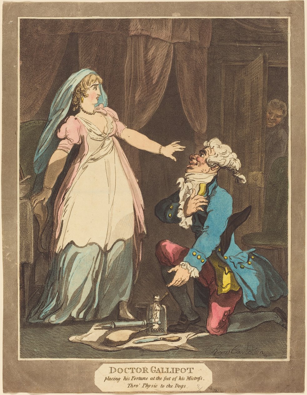 Doktor Gallipot umieszcza swoją fortunę u stóp swojej Pani, 1808. autorstwa Thomas Rowlandson
