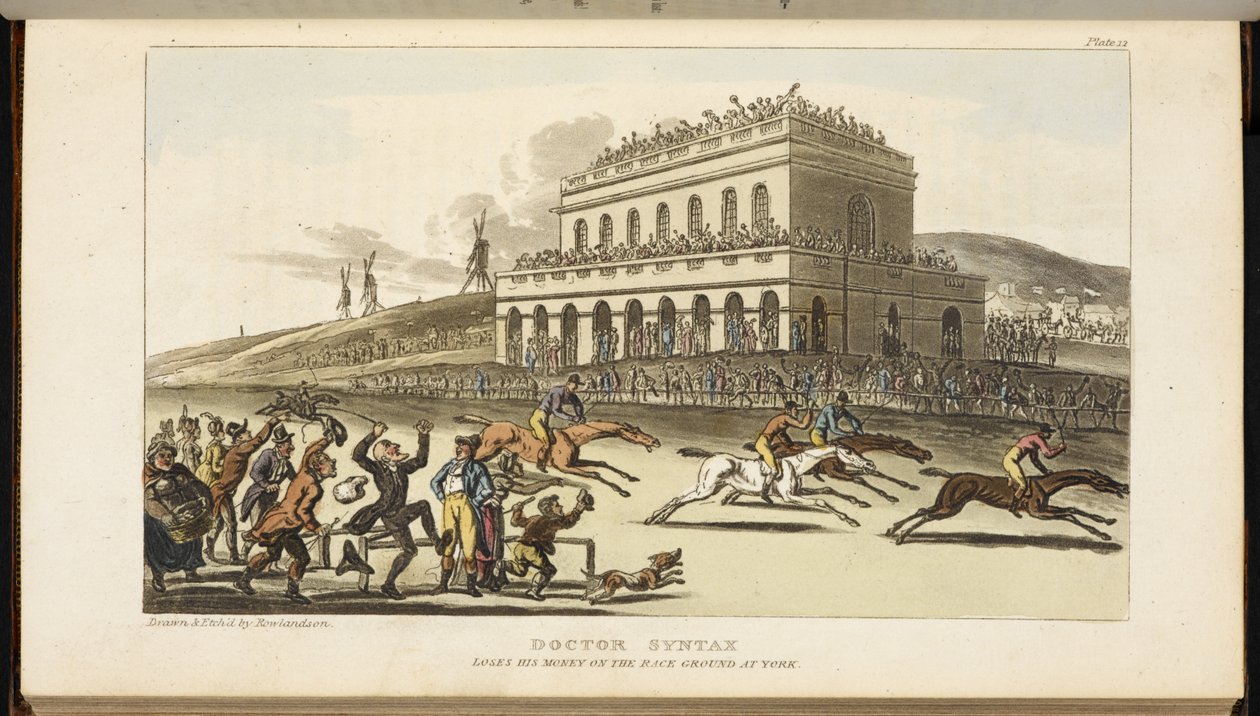 Doktor Syntax, traci pieniądze na torze wyścigowym w York autorstwa Thomas Rowlandson